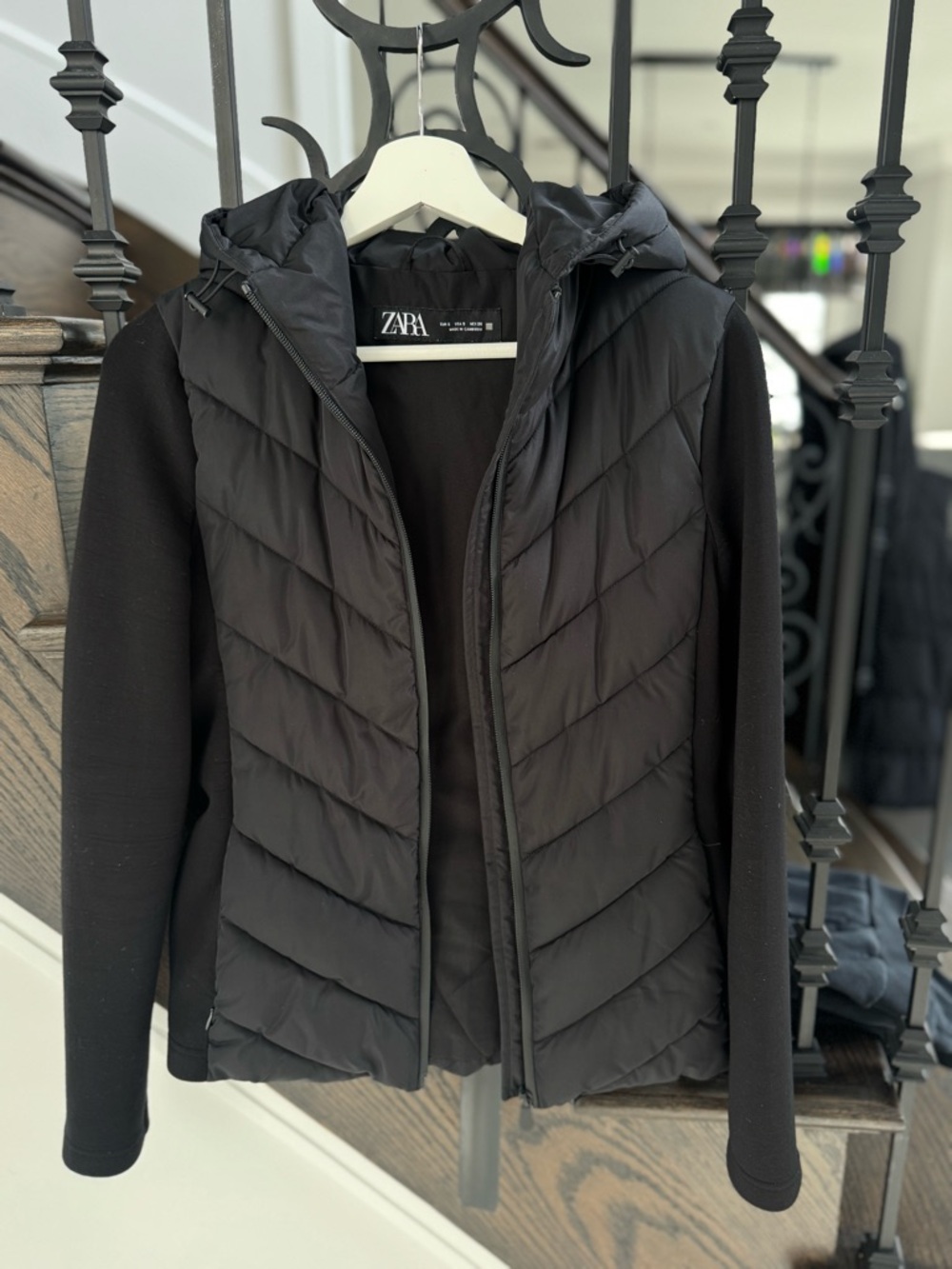 Zara Black Quilted Hooded Jacket with Knit Sleeves - Women